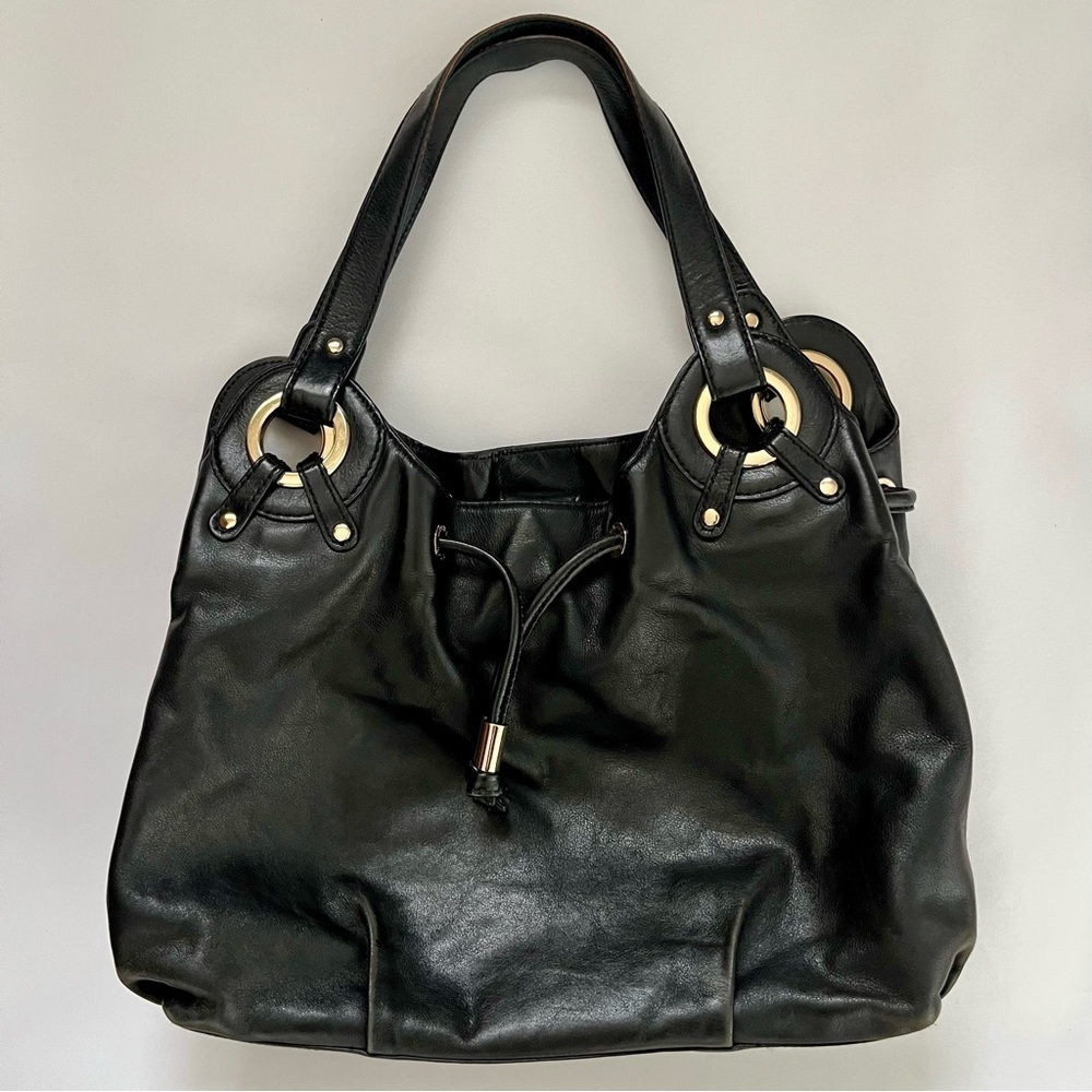 MICHEAL Michael Kors Black & Gold Leather Drawstring Shoulder Hobo Bag One Size